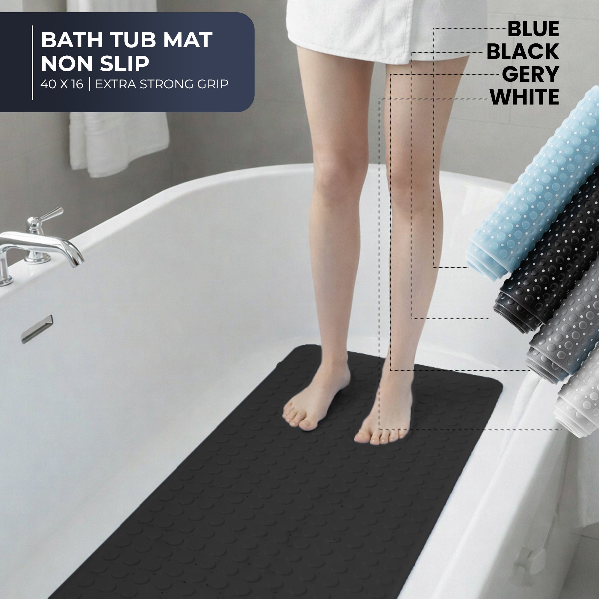Extra Long White Bathtub Mat Non Slip, Soft Bath Mat for Tub 40 x 16 Inch Full Size, Bath Tub Shower Mats for Bathroom Floor, Big Suction Cups and Drain Holes, Easy Washable, BPA Free